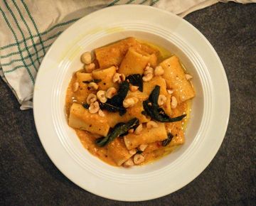 Big boi rigatoni with browned butter, spicy roast pumpkin and bell pepper