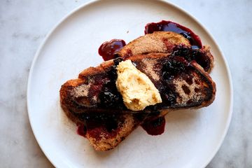 Sourdough French toast with cinnamon sugar, salted maple butter and blueberry jam