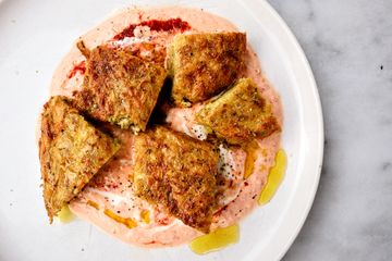 Spiced tortilla de patatas with roast garlic sambal yogurt