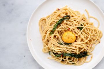 Spicy wild garlic spaghetti with parm and egg yolk