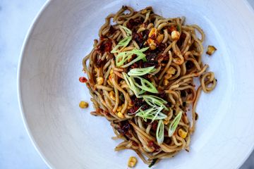 Charred corn, scallion and ginger noodles with chili crisp