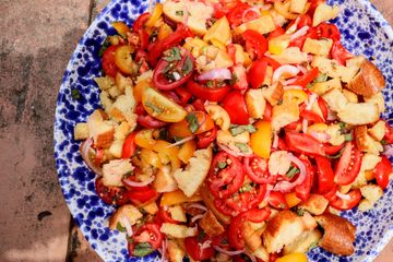 Panzanella, or tomato, sage and onion salad with garlic-y croutons