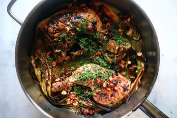 Charred chicken and leeks with spiced butter hazelnut drizzle and dill