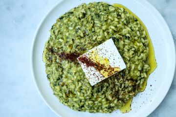 Zucchini, pea and basil risotto with feta and sumac