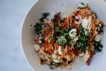 Kimchi and broccolini fried rice with Gochujang charred chicken