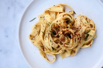 Roast garlic, miso and asparagus pappardelle with chile and rosemary