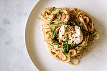 Spaghetti with spicy hazelnut mushroom pesto, basil and burrata