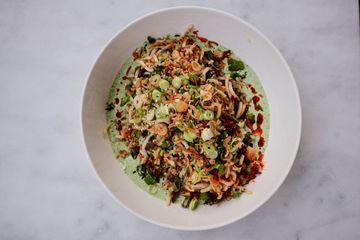 Yaki Udon with crispy broccolini, chicken and a tangy cilantro lime yoghurt