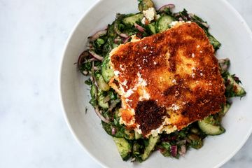 Greek salad with marinated roasted grapes, the usual suspects and fried feta