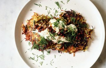 Potato and leek fritters with whipped feta and spiced honey